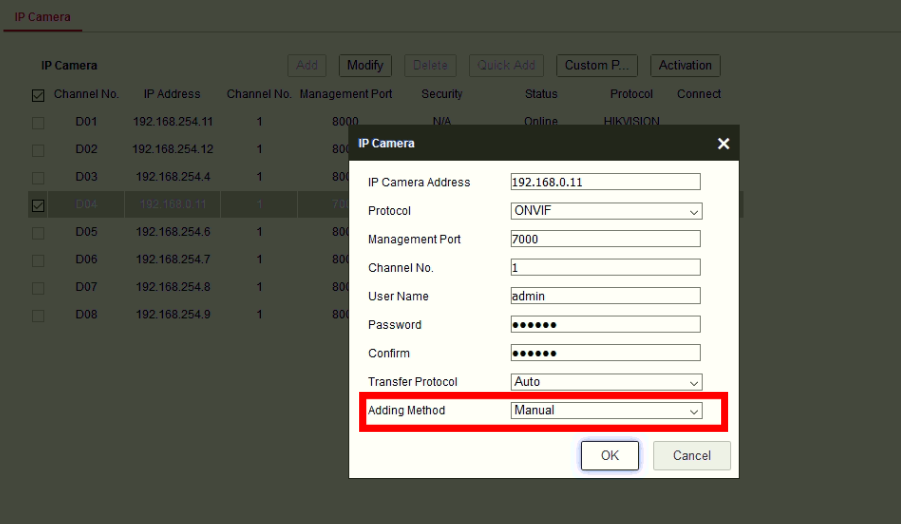 hikvision enable manual add onvif
